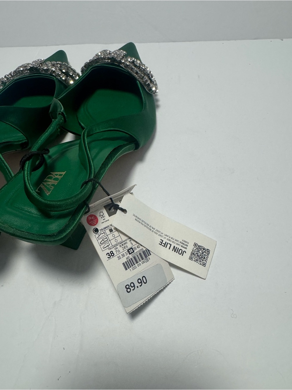 Zara Emerald Satin Pointed Slingback Heels with Crystal Bow Size 38 New w/ Tags - Picture 4 of 7